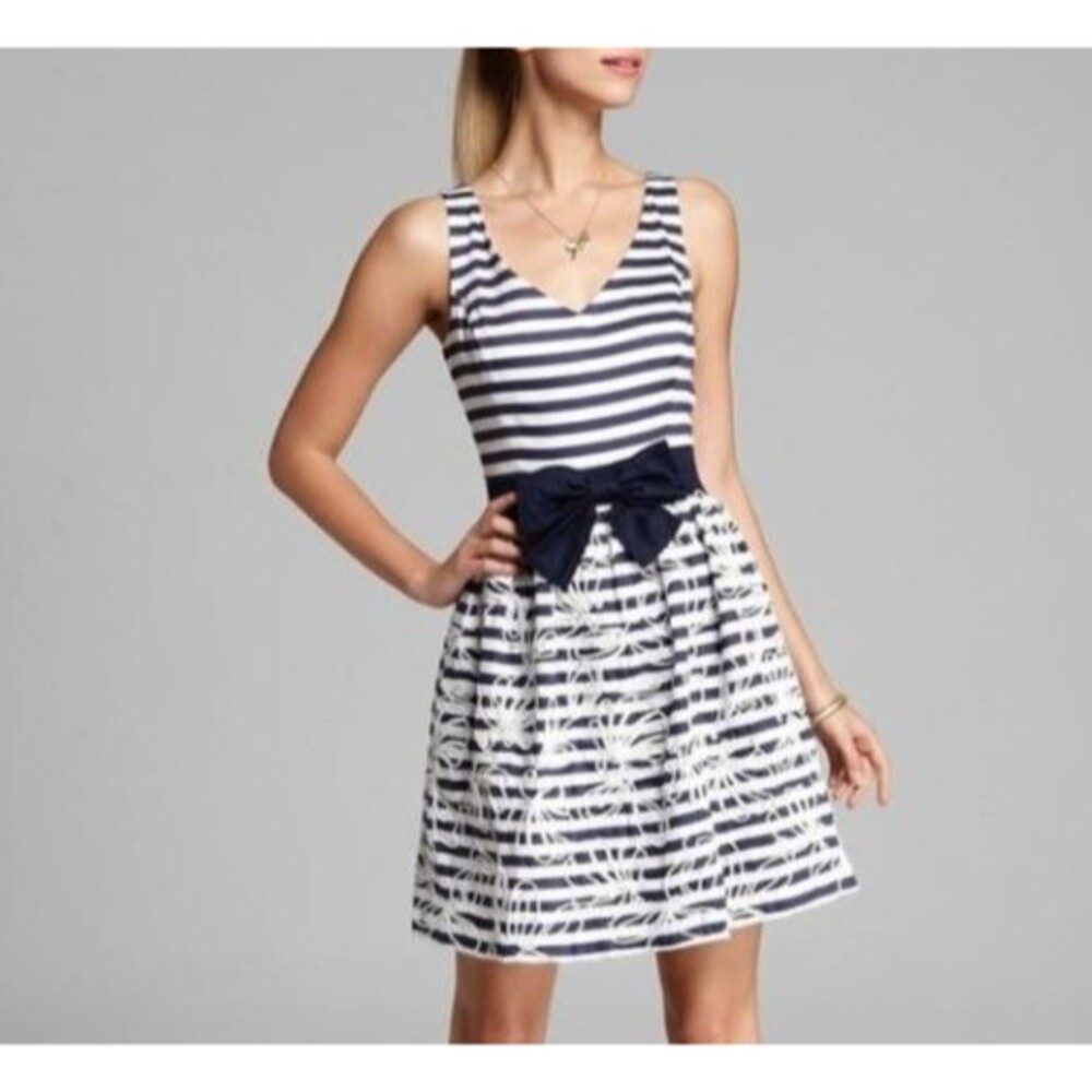 Lilly Pulitzer Dress Size 00 Roswell A-Line Navy & White Stripe Embroidered